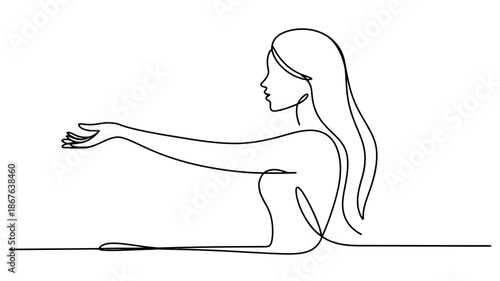 Elegant continuous line art of a woman extending her open hands in a gesture of giving or receiving