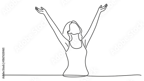 One line art drawing of a happy woman with arms raised in praise and freedom