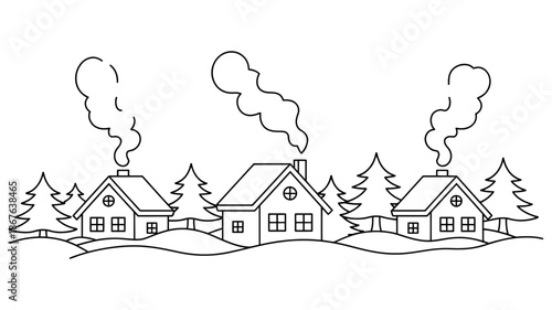 A charming winter village drawing featuring three cozy homes with smoking chimneys and evergreen trees