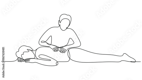 Continuous line art illustration of a person receiving a relaxing back massage