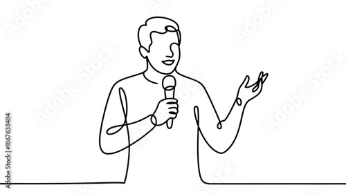 Continuous line drawing of a man speaking into a microphone, presenting at a conference
