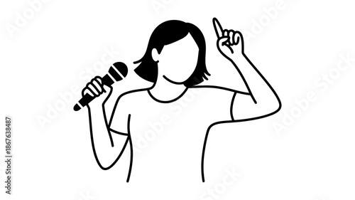 A person holding a microphone and pointing up, indicating an idea or public speaking