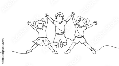 Joyful children holding hands and jumping in a continuous line art illustration