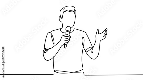 A person delivering a speech with a microphone, depicted in minimalist continuous line art