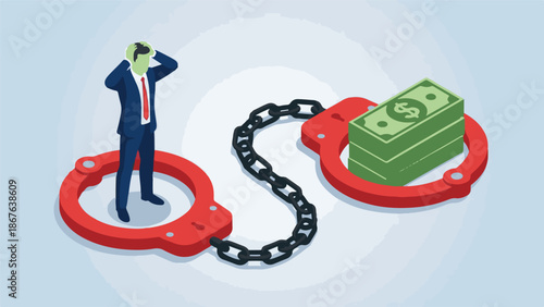 Businessman stressed by financial debt, chained to money by handcuffs