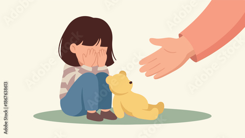 Child covering face in distress, adult hand offers comfort and help