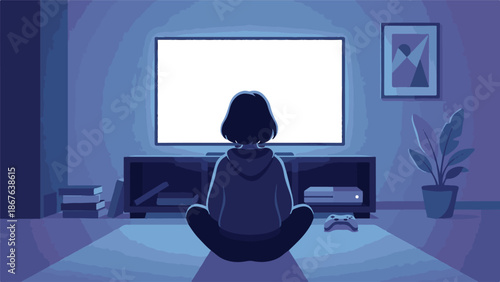 Person playing video games in a dark room with a glowing TV screen