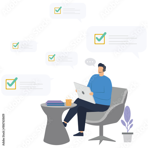 Flat vector style illustration of support specialist solving customer issues with headset and computer screen displaying completed task checklist stock illustration