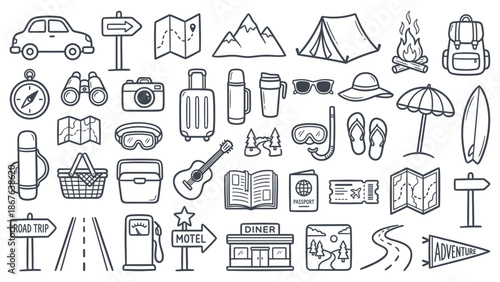 A collection of travel icons including vehicles, landmarks, and accessories depicted in a simple line art style
