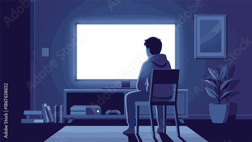 Person watching a bright glowing television screen in a dark minimalist room