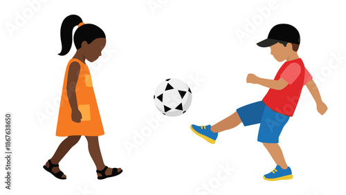 Diverse children playing soccer together in a minimalist flat illustration.