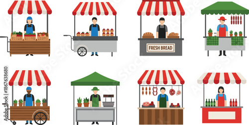 Street market stall illustration set featuring vendors selling food, bread, produce and drinks, colorful flat vector booths for local farmers market design