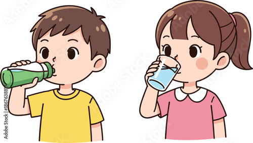 Cute cartoon children drinking water illustration showing healthy hydration habits for kids, boy and girl with bottle and glass, flat vector style