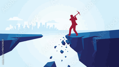 Businessman with pickaxe breaking cliff over a chasm, challenge concept