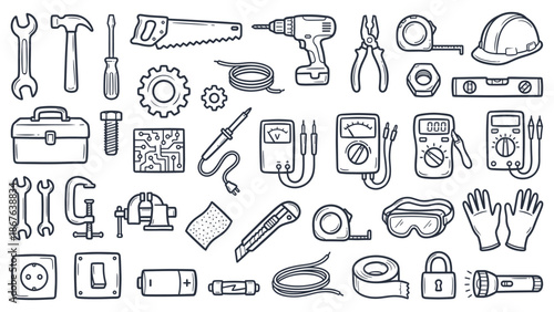 A collection of various tools and equipment for industrial and construction work illustrated in a simple line art style