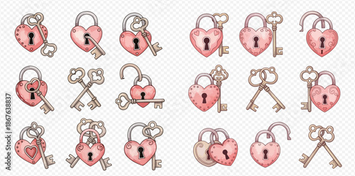Watercolor heart shaped padlocks and vintage keys set for love and romance concepts.