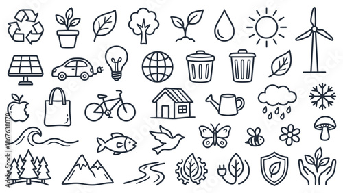Sustainable living icons representing eco-friendly practices and environmental conservation in a simple line art style
