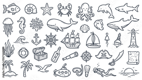 A collection of nautical-themed illustrations featuring marine life, vessels, and symbols on a white background