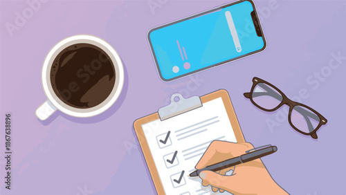 Creative workspace flat lay with checklist, smartphone, coffee, and eyeglasses