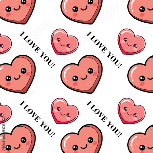 Cute Kawaii Heart Pattern with Smiling Faces and Love Text