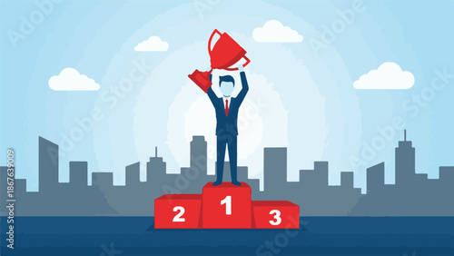 Successful businessman holding trophy on winner's podium in a city