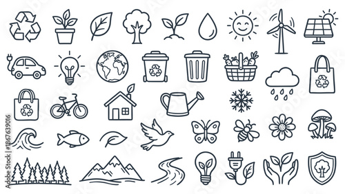 Collection of simple line icons representing eco-friendly concepts, sustainability, and environmental awareness in a minimalist style