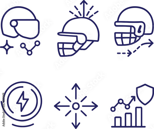 American football helmets and related symbols in a linear icon set