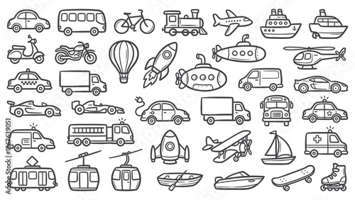 Various vehicles and transportation icons are illustrated in a collection of simple line drawings.