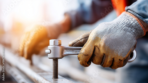 Close-up of worker's hands in heavy-duty protective gloves tightening a bolt with a wrench, professional safety ritual, bright sunlight, sharp focus on the texture of the gloves an