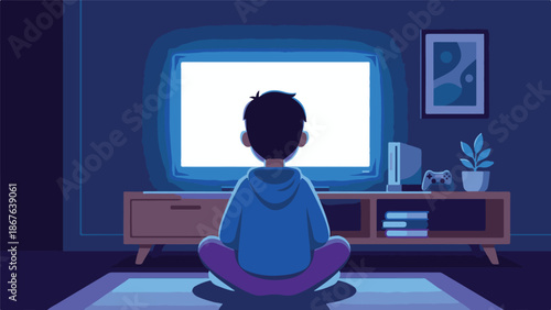 Child captivated by a bright television screen in a dark room
