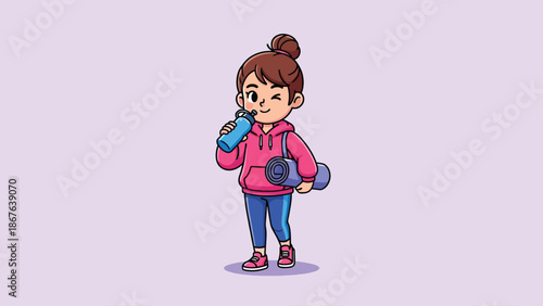 Cartoon Woman Drinking Water After Workout Holding Dumbbell.