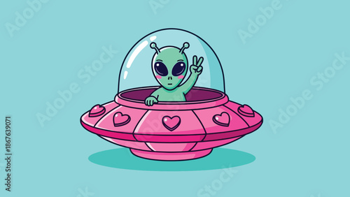 Cute Alien in Flying Saucer Cartoon Illustration.
