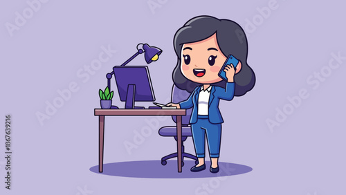Cute Businesswoman Working on Computer and Talking on Phone.