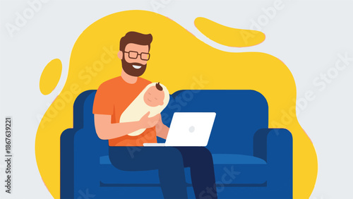 Father working from home, holding baby on couch, modern lifestyle