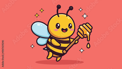Cute cartoon bee holding a honey dipper with dripping honey.