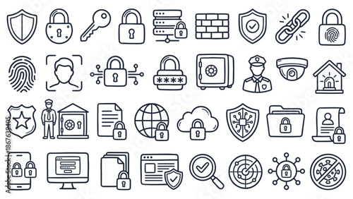 Security icons collection featuring various protection symbols and elements in a simple line style