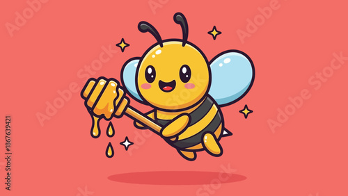 Cute Cartoon Bee Holding Honey Dipper.