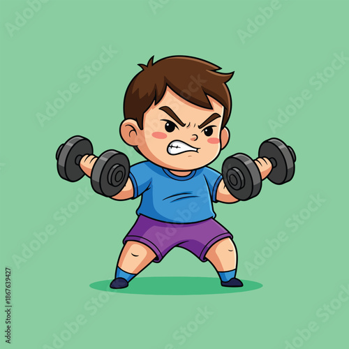 Cute cartoon boy lifting dumbbells with an angry expression.