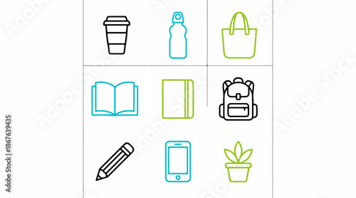 Collection of minimalist line art icons for daily life and objects