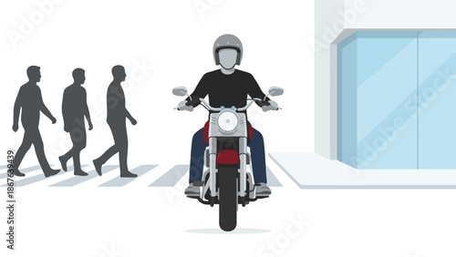Motorcyclist stopped at a zebra crossing as pedestrians cross the street