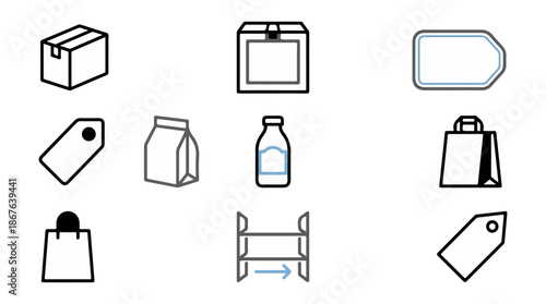 Assorted isolated icon set featuring delivery packaging and labels