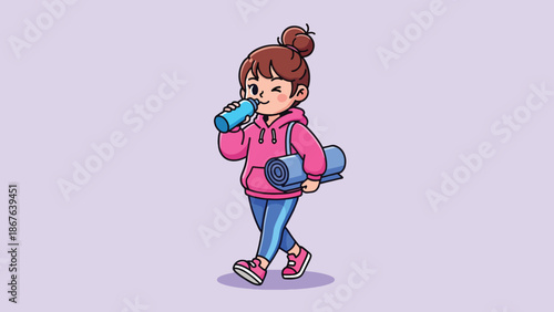 Cute Cartoon Girl Drinking Water and Carrying Yoga Mat.