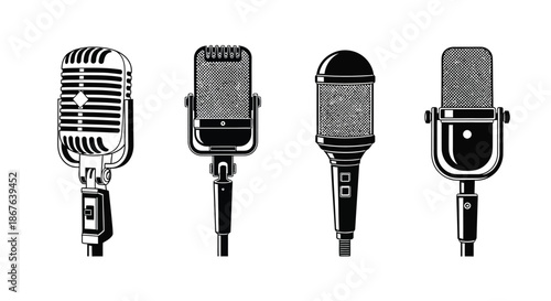 Collection of vintage and modern style microphones in black and white