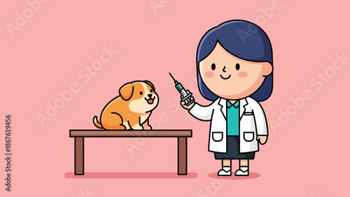 Cute cartoon veterinarian giving a small dog a vaccination on a table.