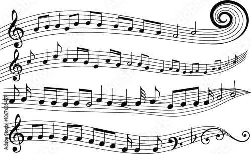 Elegant flowing musical notes and treble clef staff lines abstract black and white vector illustration for music design backgrounds