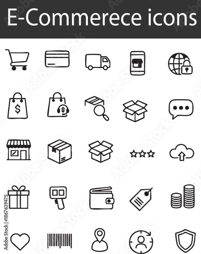 Hand-drawn black and white e-commerce icons representing online shopping, logistics, payment, and customer service processes for digital interface design.