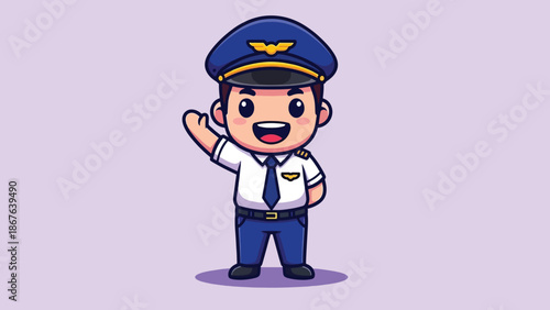 Cute Happy Pilot Waving Hand Cartoon Vector Icon Illustration.