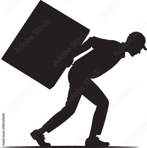 Man carrying heavy box in dynamic pose on white background