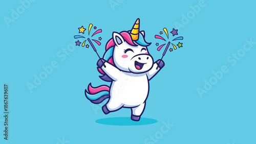 Cute Unicorn Holding Sparklers Cartoon Illustration.