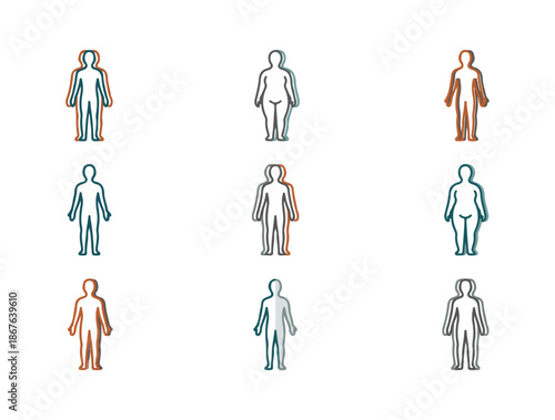 Human body silhouettes diverse figures in a grid arrangement